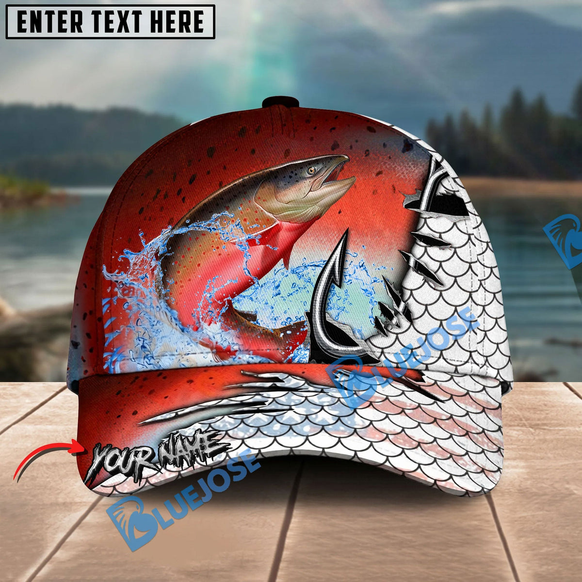 BlueJose Fishing Hook White Fish Scale American Flag Personalized Name Classic 3D Cap Personalized Cap (13 Breeds)