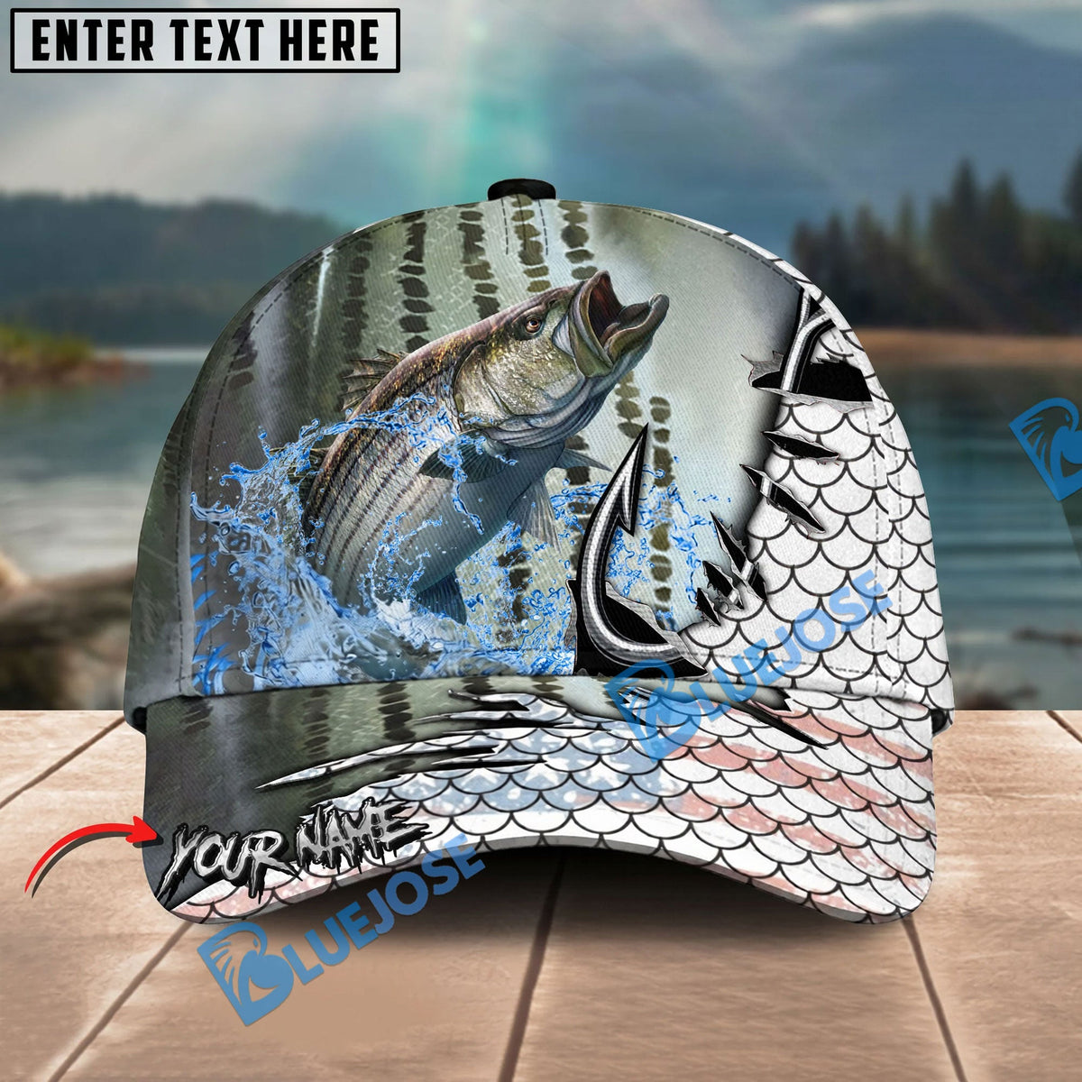 BlueJose Fishing Hook White Fish Scale American Flag Personalized Name Classic 3D Cap Personalized Cap (13 Breeds)