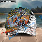 BlueJose Fishing Hook White Fish Scale American Flag Personalized Name Classic 3D Cap Personalized Cap (13 Breeds)