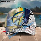 BlueJose Fishing Hook White Fish Scale American Flag Personalized Name Classic 3D Cap Personalized Cap (13 Breeds)