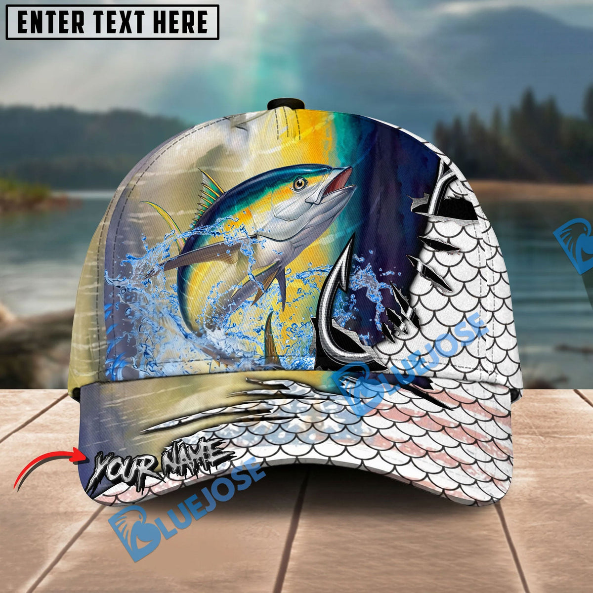 BlueJose Fishing Hook White Fish Scale American Flag Personalized Name Classic 3D Cap Personalized Cap (13 Breeds)