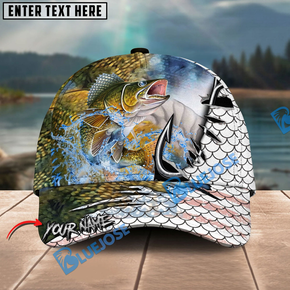 BlueJose Fishing Hook White Fish Scale American Flag Personalized Name Classic 3D Cap Personalized Cap (13 Breeds)