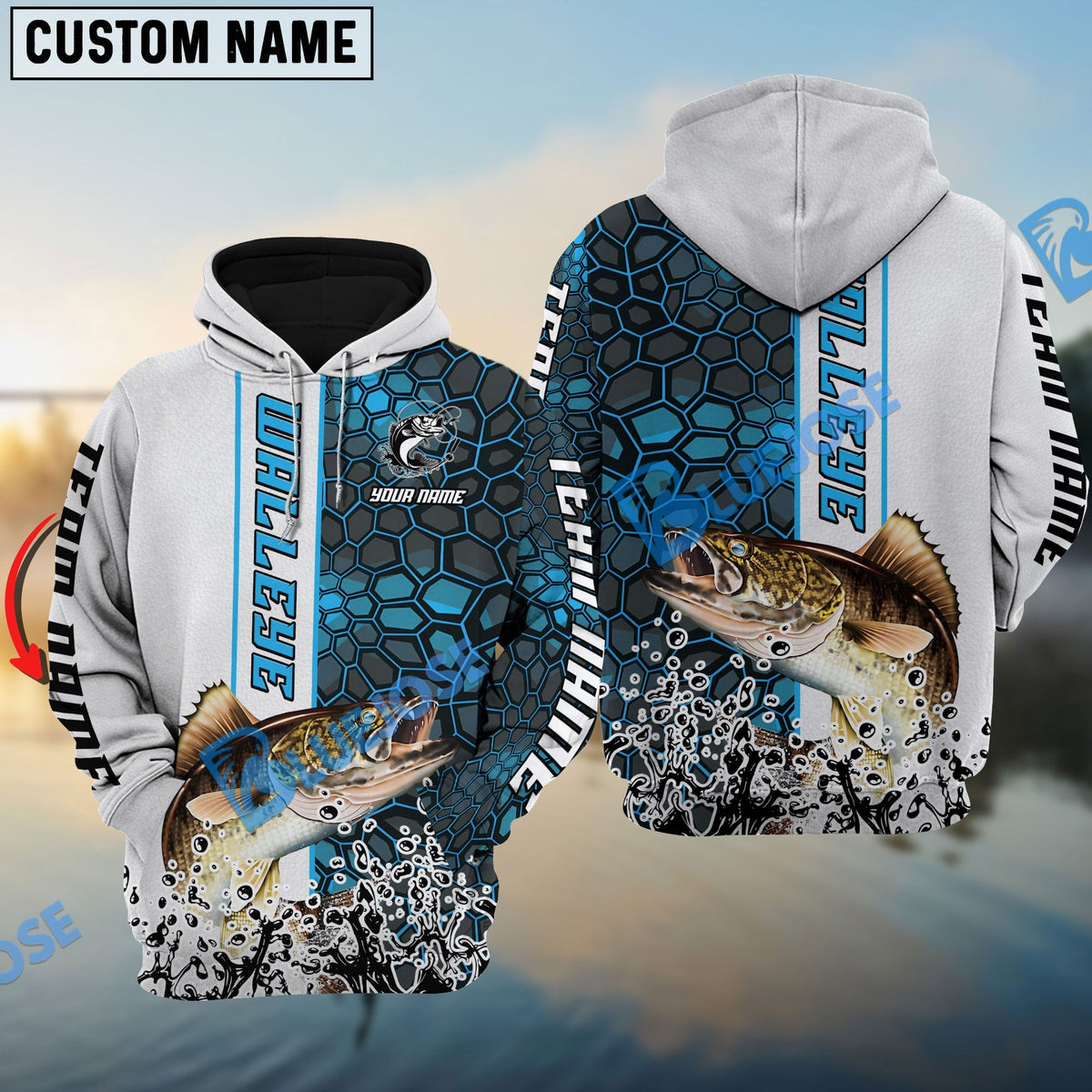 BlueJose Walleye Fishing Blue Fin Bling Camo Sport Custom Name & Team Name 3D Shirts
