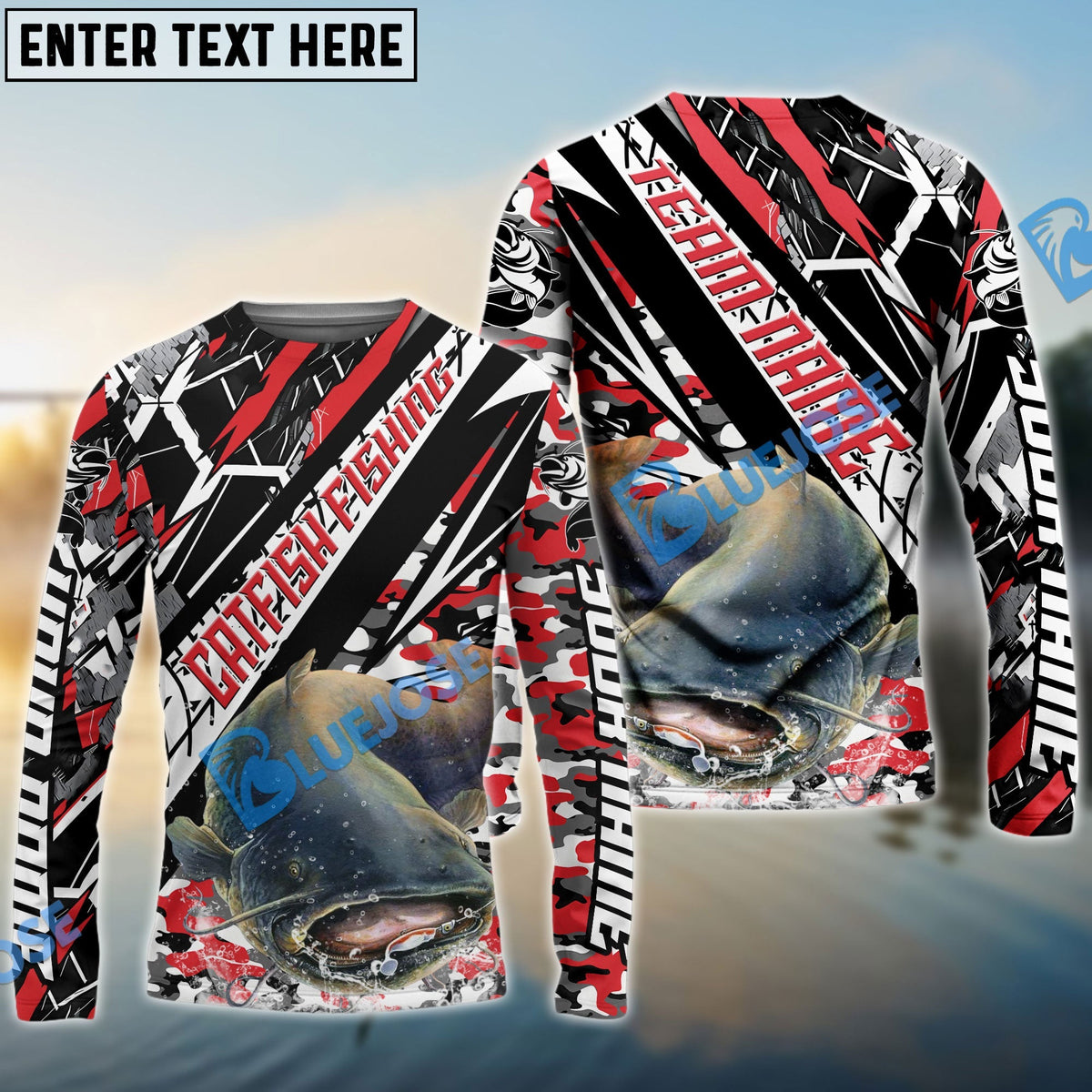 BlueJose Catfish Fishing Red Grunge Camo Custom Name & Team Name 3D Shirts
