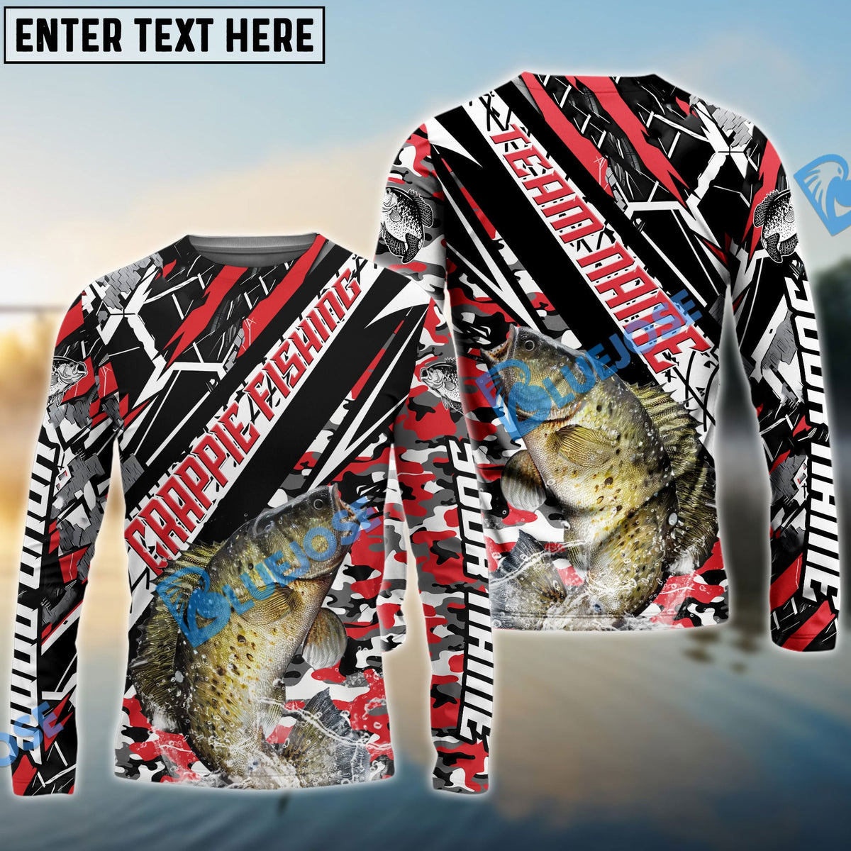 BlueJose Crappie Fishing Red Grunge Camo Custom Name & Team Name 3D Shirts