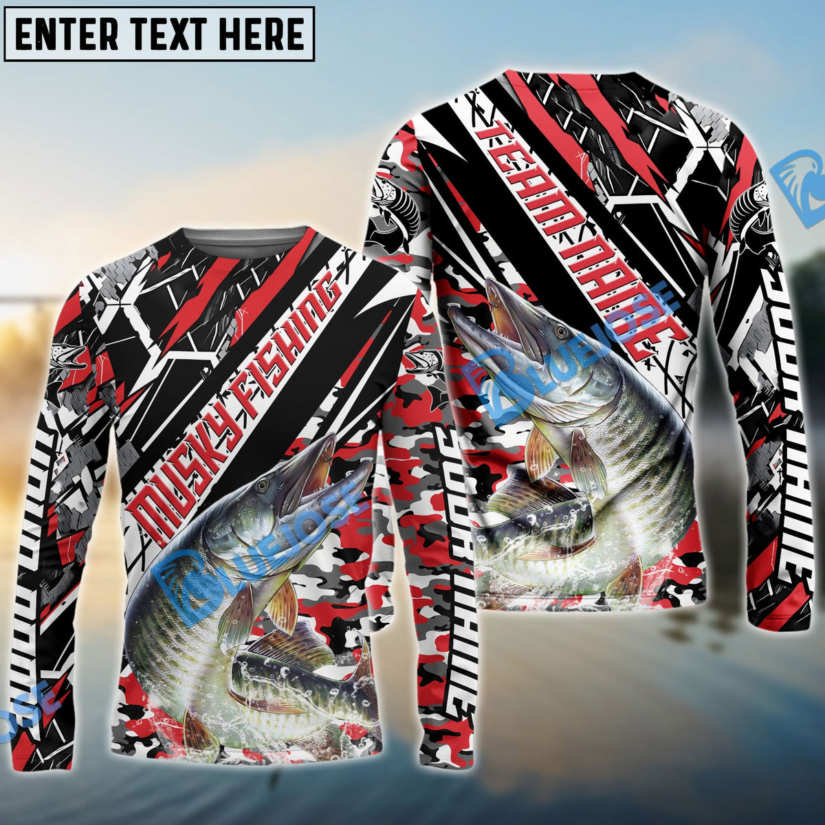 BlueJose Musky Fishing Red Grunge Camo Custom Name & Team Name 3D Shirts