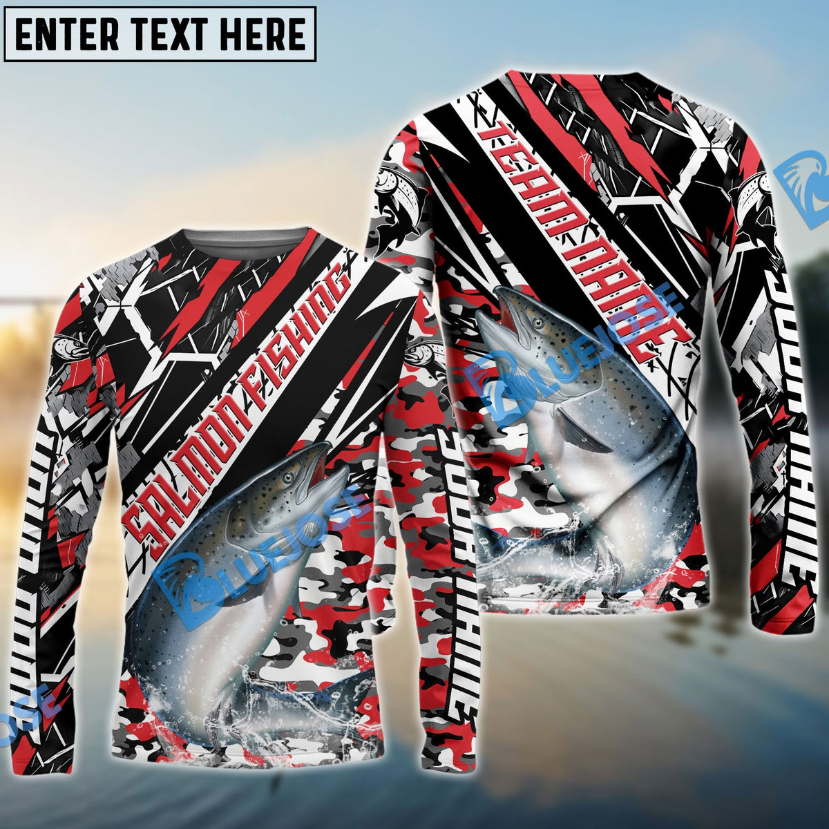 BlueJose Salmon Fishing Red Grunge Camo Custom Name & Team Name 3D Shirts