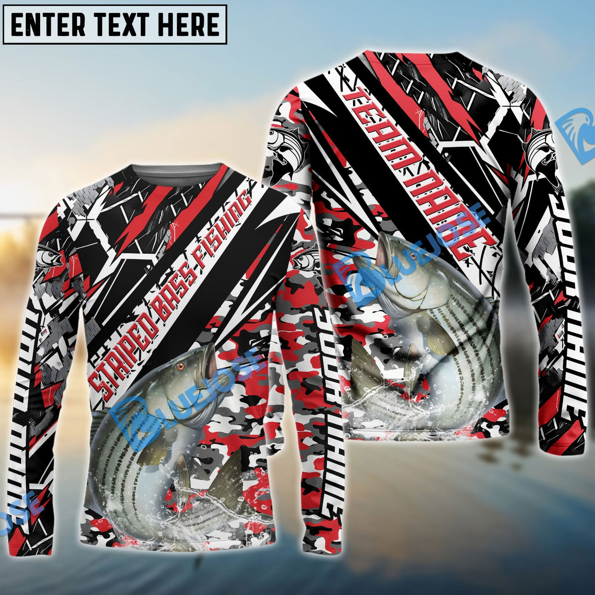BlueJose Striped Bass Fishing Red Grunge Camo Custom Name & Team Name 3D Shirts