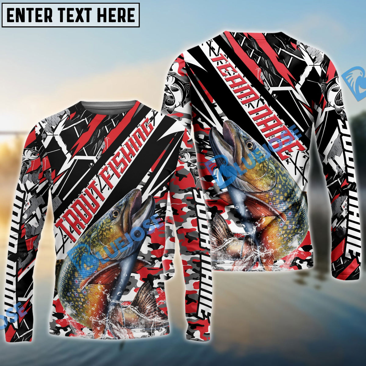 BlueJose Trout Fishing Red Grunge Camo Custom Name & Team Name 3D Shirts