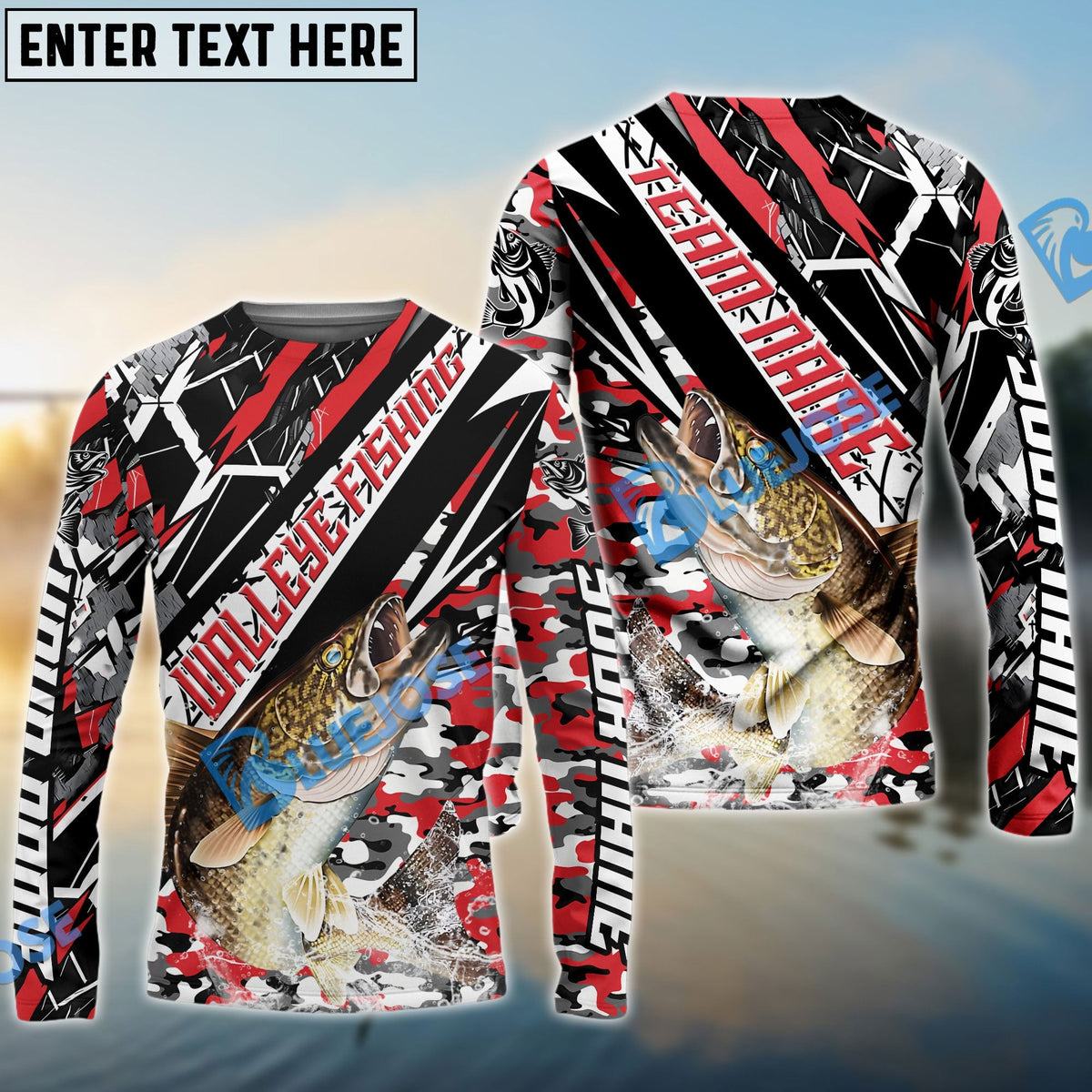 BlueJose Walleye Fishing Red Grunge Camo Custom Name & Team Name 3D Shirts