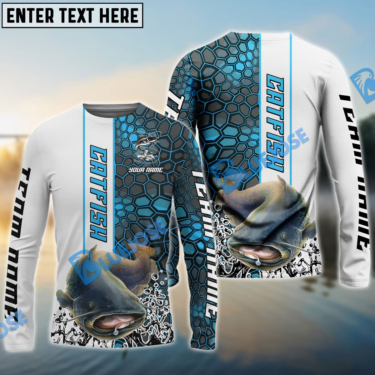 BlueJose Catfish Fishing Blue Fin Bling Camo Sport Custom Name & Team Name 3D Shirts
