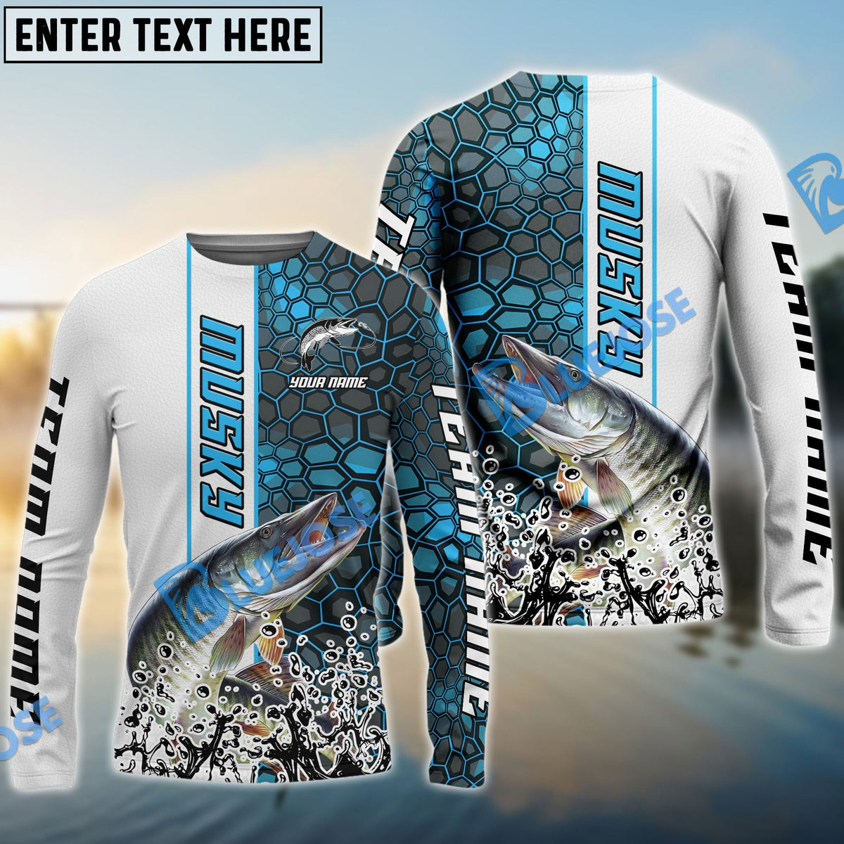 BlueJose Musky Fishing Blue Fin Bling Camo Sport Custom Name & Team Name 3D Shirts