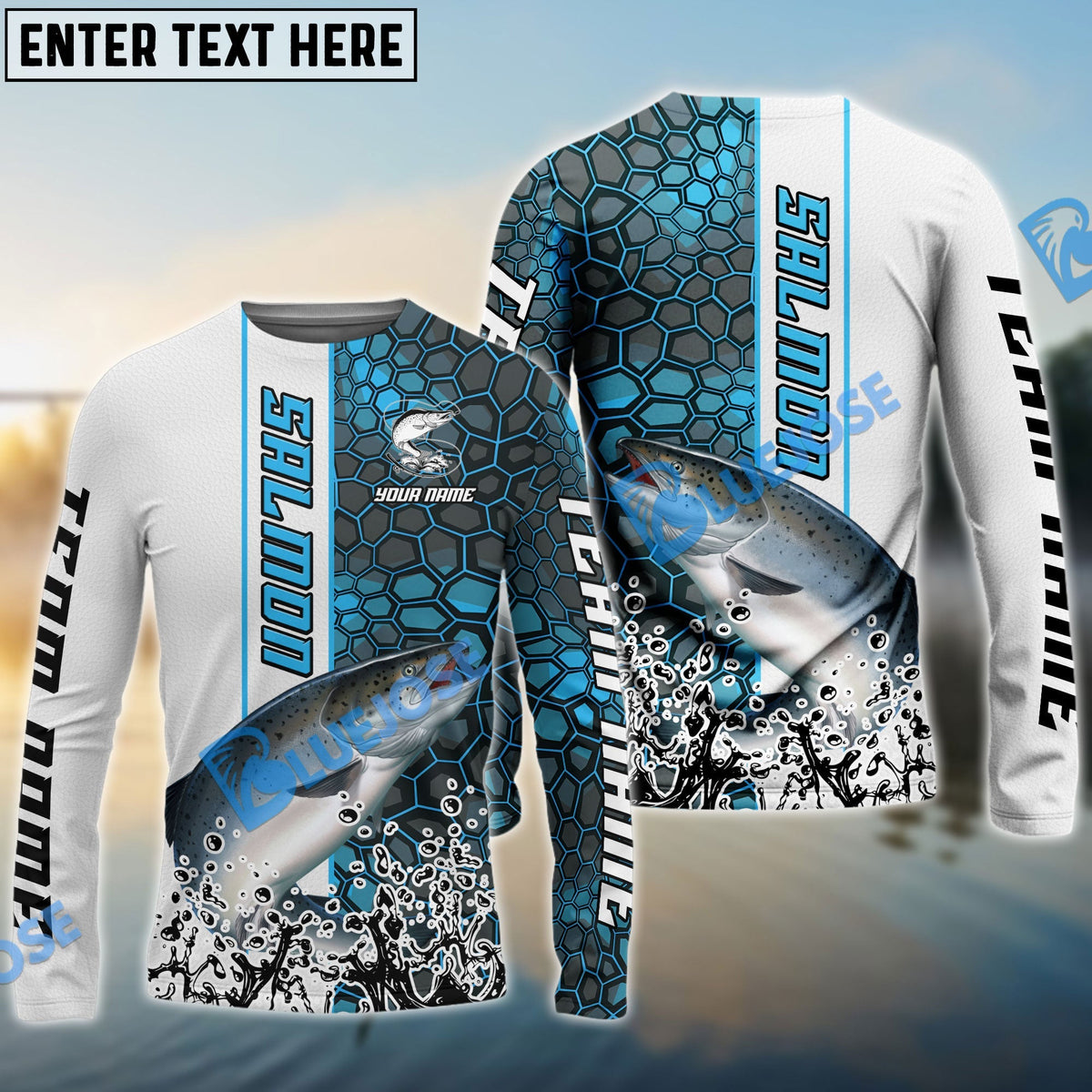 BlueJose Salmon Fishing Blue Fin Bling Camo Sport Custom Name & Team Name 3D Shirts