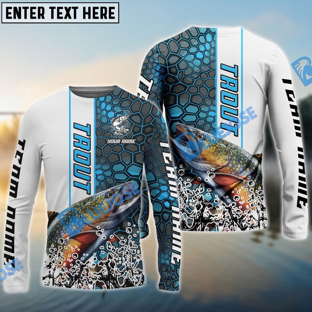 BlueJose Trout Fishing Blue Fin Bling Camo Sport Custom Name & Team Name 3D Shirts