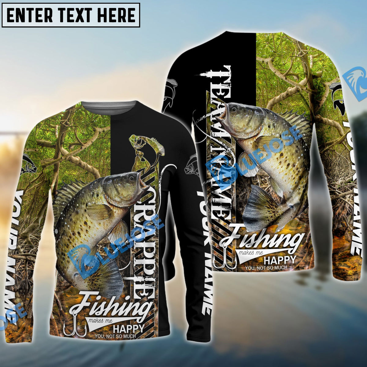 BlueJose Crappie Fishing Jungle Camo Custom Name & Team Name 3D Shirts