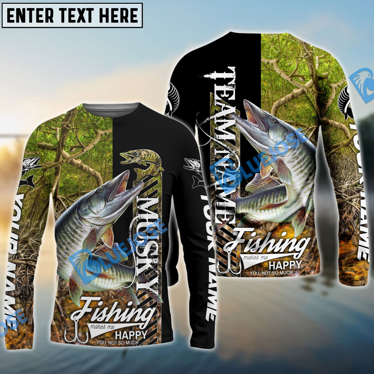 BlueJose Musky Fishing Jungle Camo Custom Name & Team Name 3D Shirts