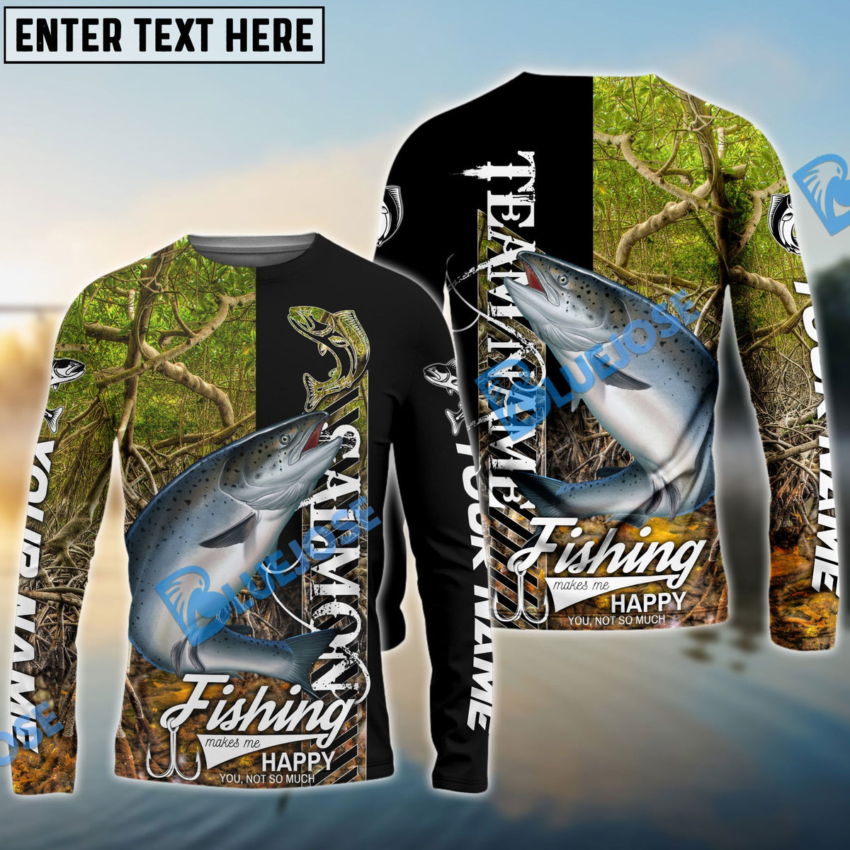 BlueJose Salmon Fishing Jungle Camo Custom Name & Team Name 3D Shirts