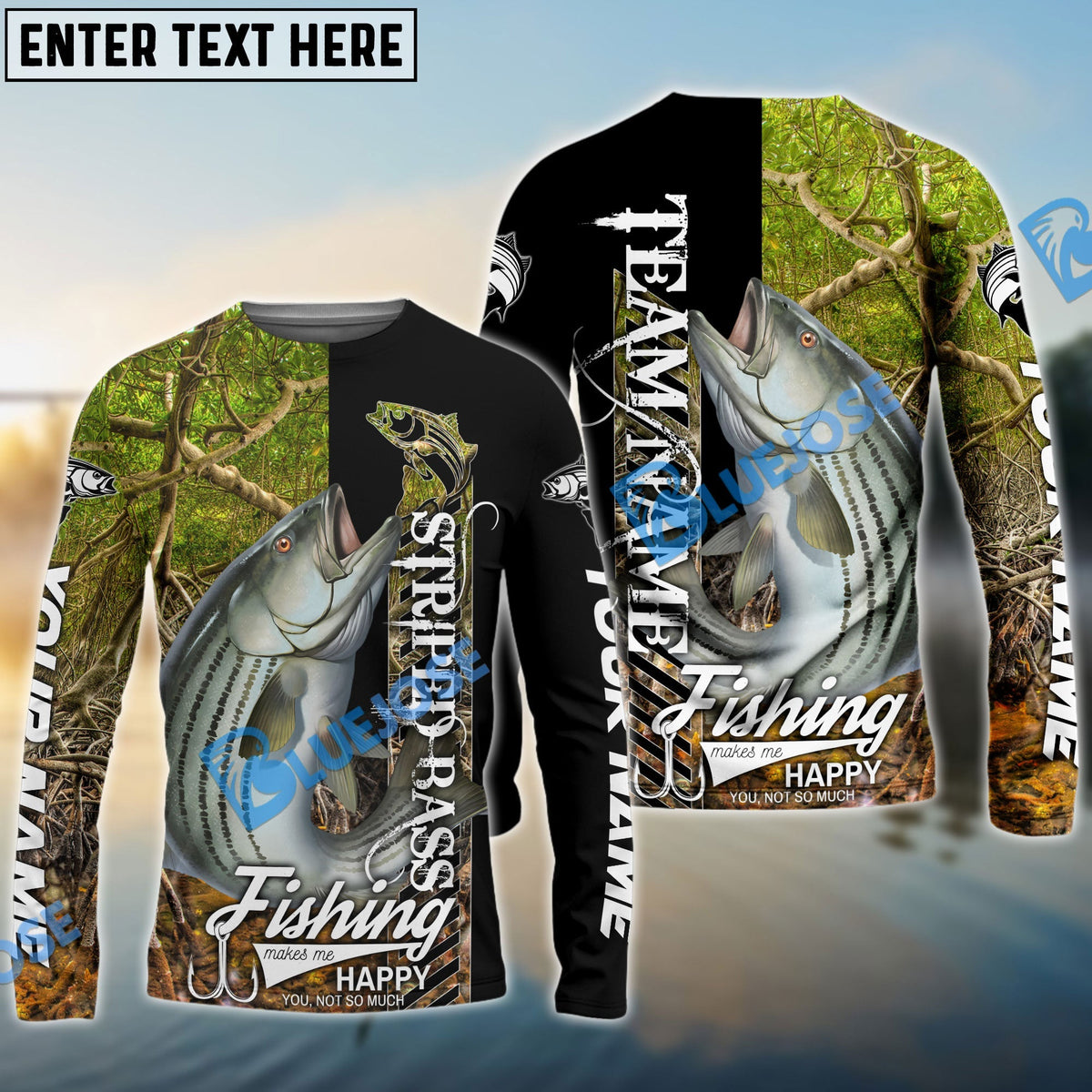 BlueJose Striped Bass Fishing Jungle Camo Custom Name & Team Name 3D Shirts