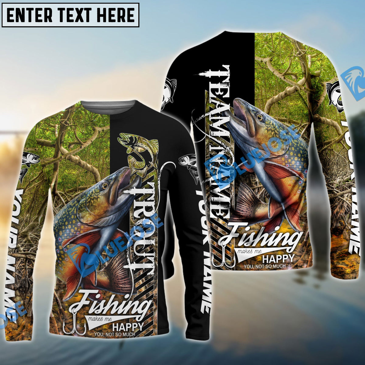 BlueJose Trout Fishing Jungle Camo Custom Name & Team Name 3D Shirts