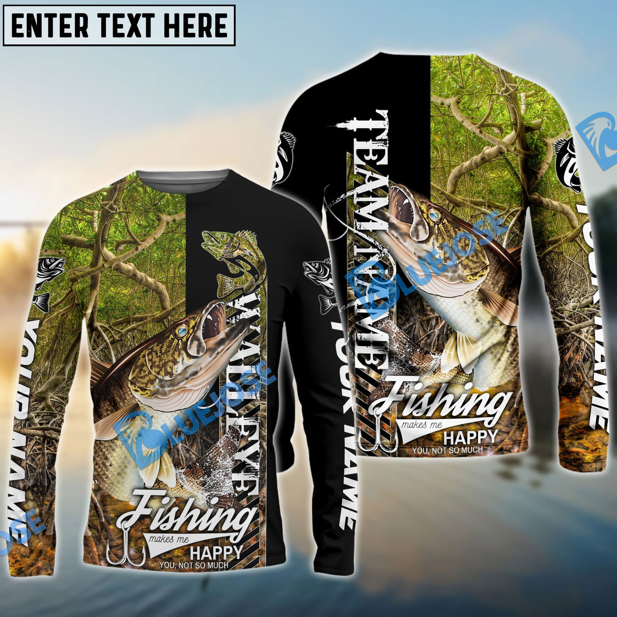 BlueJose Walleye Fishing Jungle Camo Custom Name & Team Name 3D Shirts