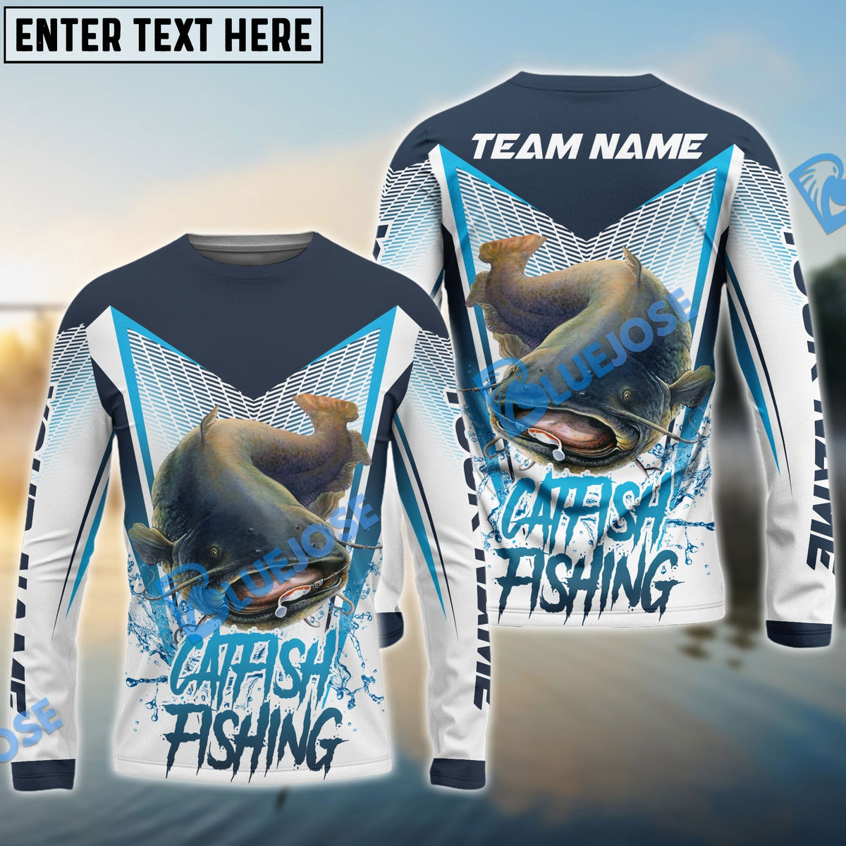 BlueJose Catfish Fishing White Blue Camo Sport Custom Name & Team Name 3D Shirts