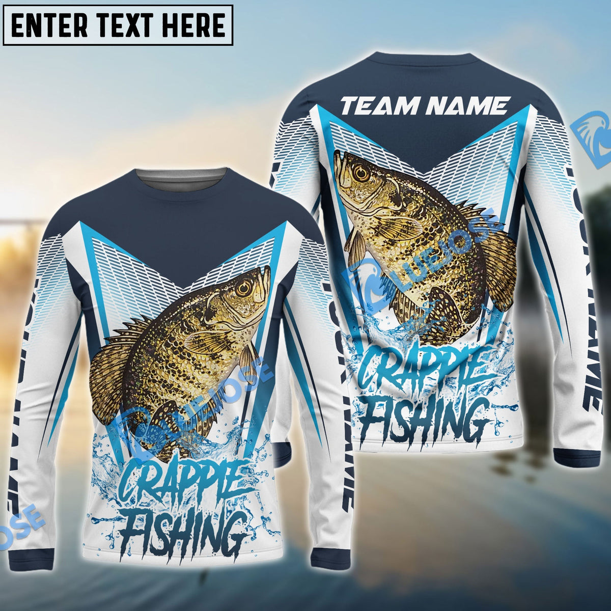 BlueJose Crappie Fishing White Blue Camo Sport Custom Name & Team Name 3D Shirts