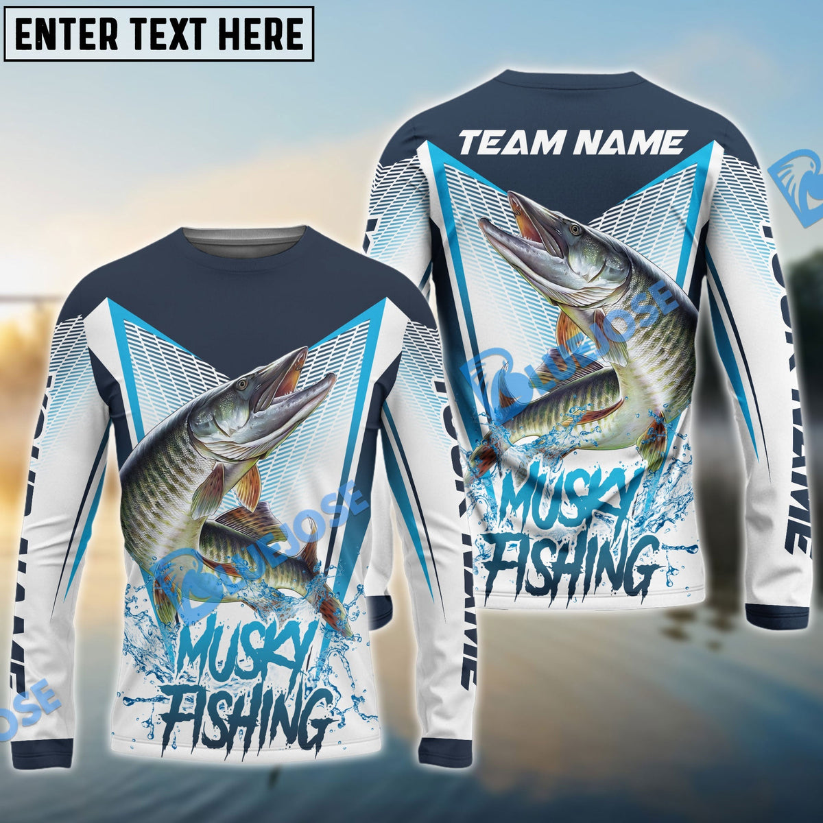 BlueJose Musky Fishing White Blue Camo Sport Custom Name & Team Name 3D Shirts