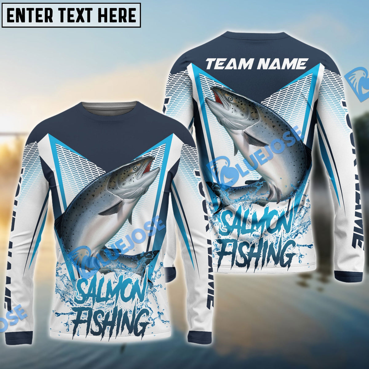 BlueJose Salmon Fishing White Blue Camo Sport Custom Name & Team Name 3D Shirts