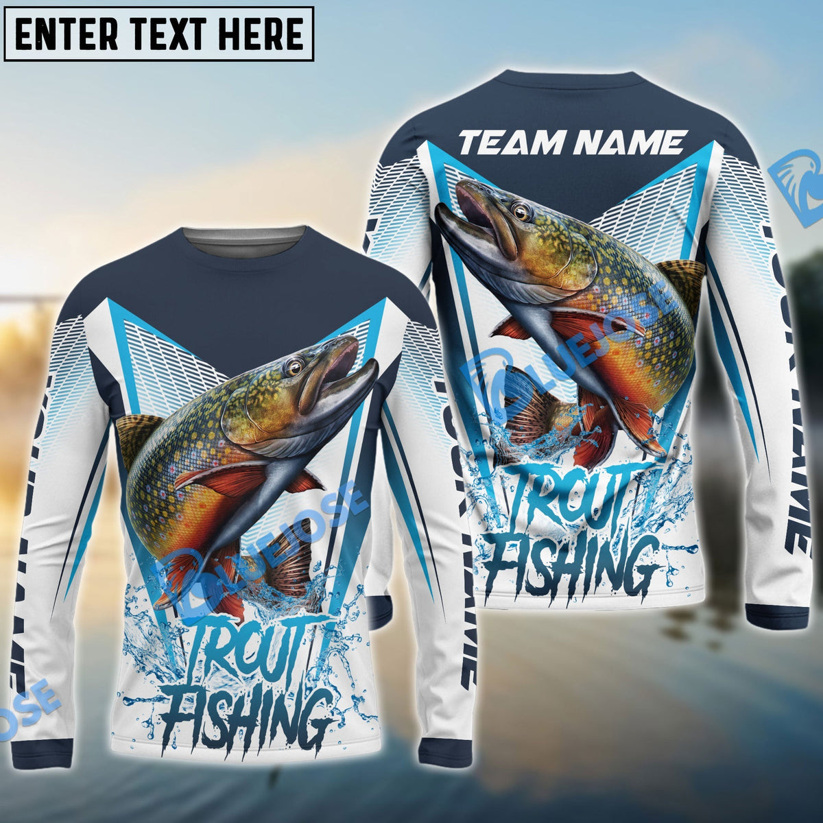 BlueJose Trout Fishing White Blue Camo Sport Custom Name & Team Name 3D Shirts