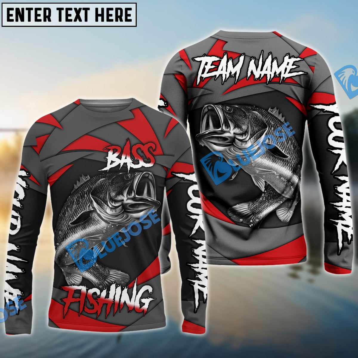 BlueJose Bass Fishing Red Gray Spinning Pattern Custom Name & Team Name 3D Shirts
