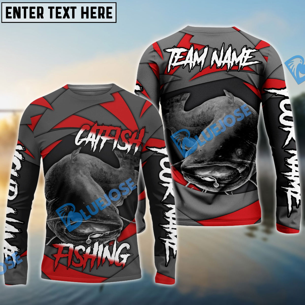 BlueJose Catfish Fishing Red Gray Spinning Pattern Custom Name & Team Name 3D Shirts