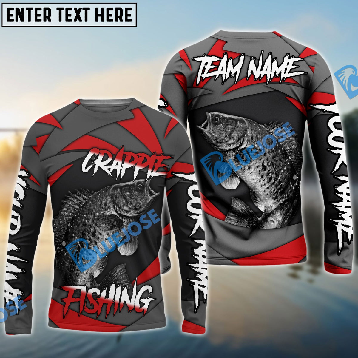 BlueJose Crappie Fishing Red Gray Spinning Pattern Custom Name & Team Name 3D Shirts