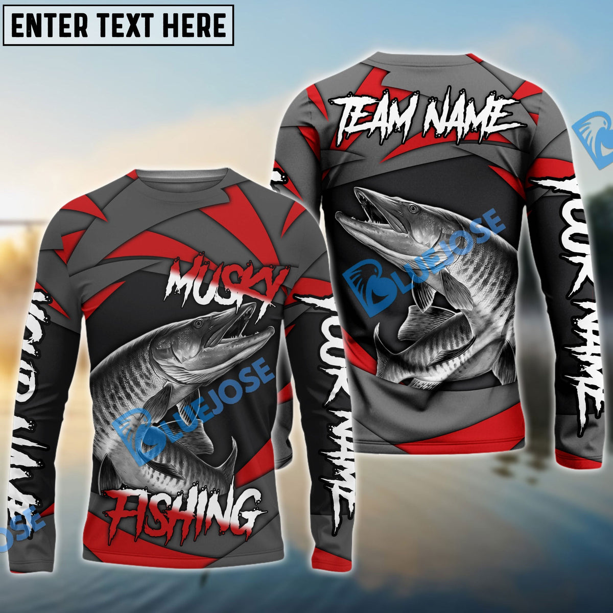 BlueJose Musky Fishing Red Gray Spinning Pattern Custom Name & Team Name 3D Shirts
