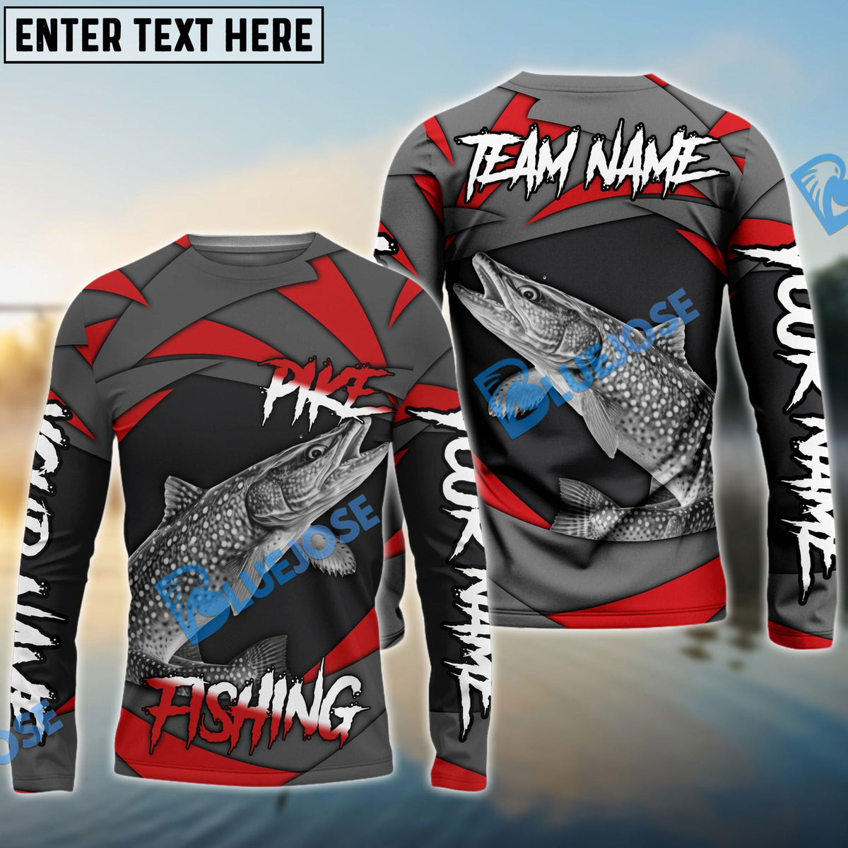 BlueJose Pike Fishing Red Gray Spinning Pattern Custom Name & Team Name 3D Shirts