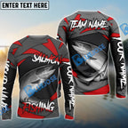 BlueJose Salmon Fishing Red Gray Spinning Pattern Custom Name & Team Name 3D Shirts