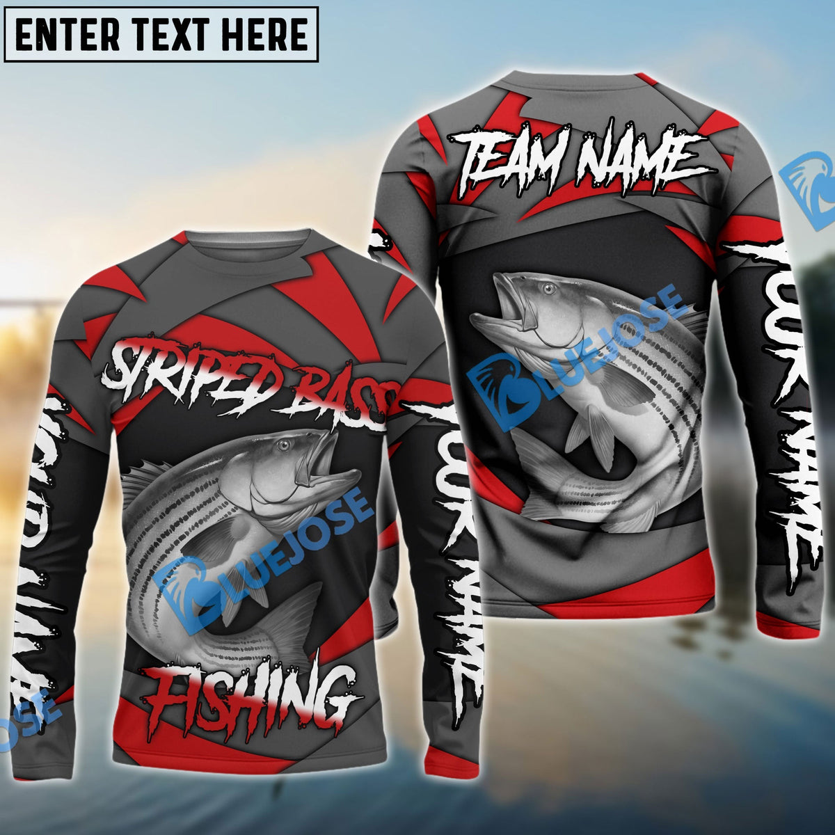 BlueJose Striped Bass Fishing Red Gray Spinning Pattern Custom Name & Team Name 3D Shirts