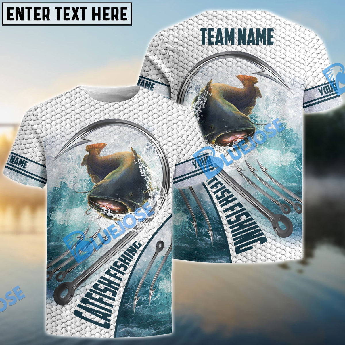 BlueJose Catfish Fishing White Fin Water Sport Custom Name & Team Name 3D Shirts