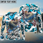 BlueJose Catfish Fishing American Flag Light Blue Camo Custom Name Windbreaker Jacket