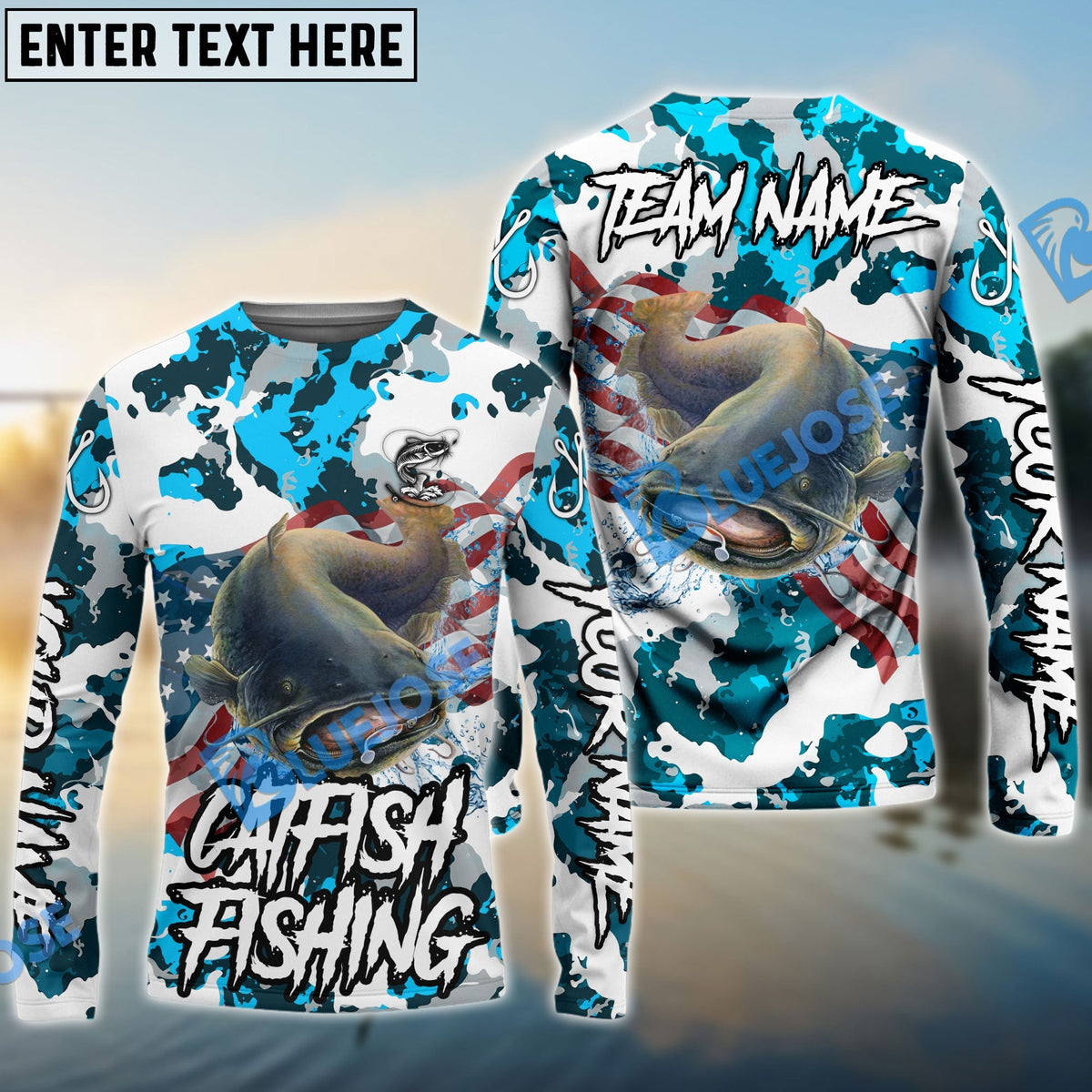 BlueJose Catfish Fishing American Flag Light Blue Camo Custom Name Windbreaker Jacket