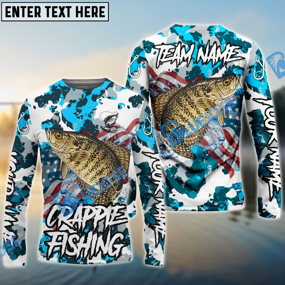 BlueJose Crappie Fishing American Flag Light Blue Camo Custom Name & Team Name 3D Shirts