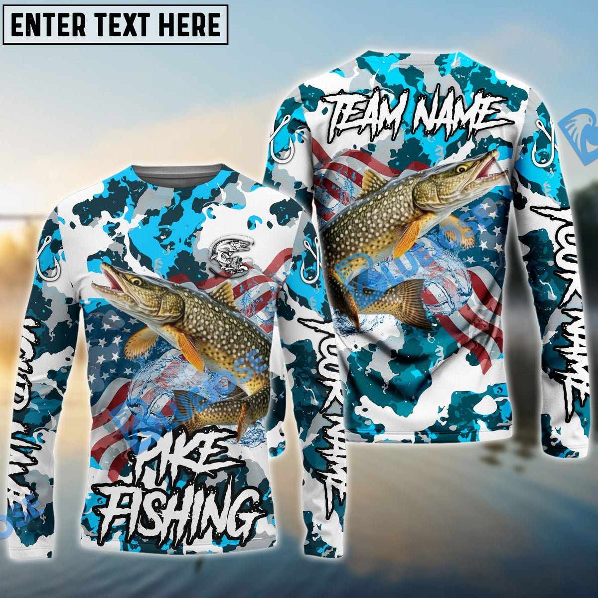 BlueJose Pike Fishing American Flag Light Blue Camo Custom Name & Team Name 3D Shirts