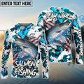 BlueJose Salmon Fishing American Flag Light Blue Camo Custom Name & Team Name 3D Shirts