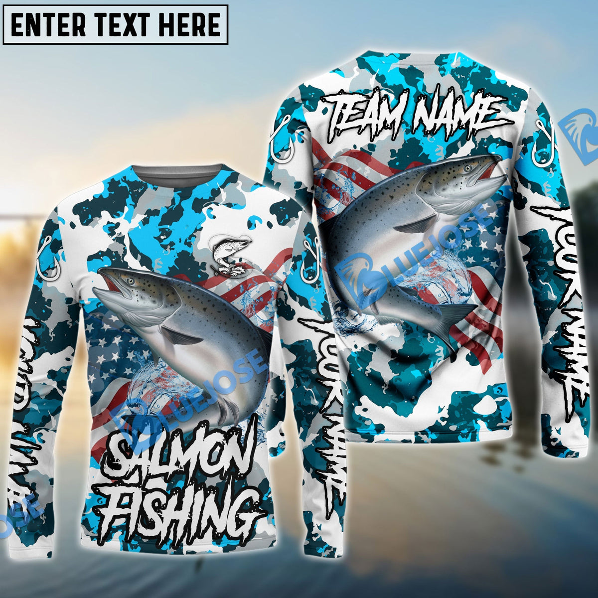 BlueJose Salmon Fishing American Flag Light Blue Camo Custom Name & Team Name 3D Shirts