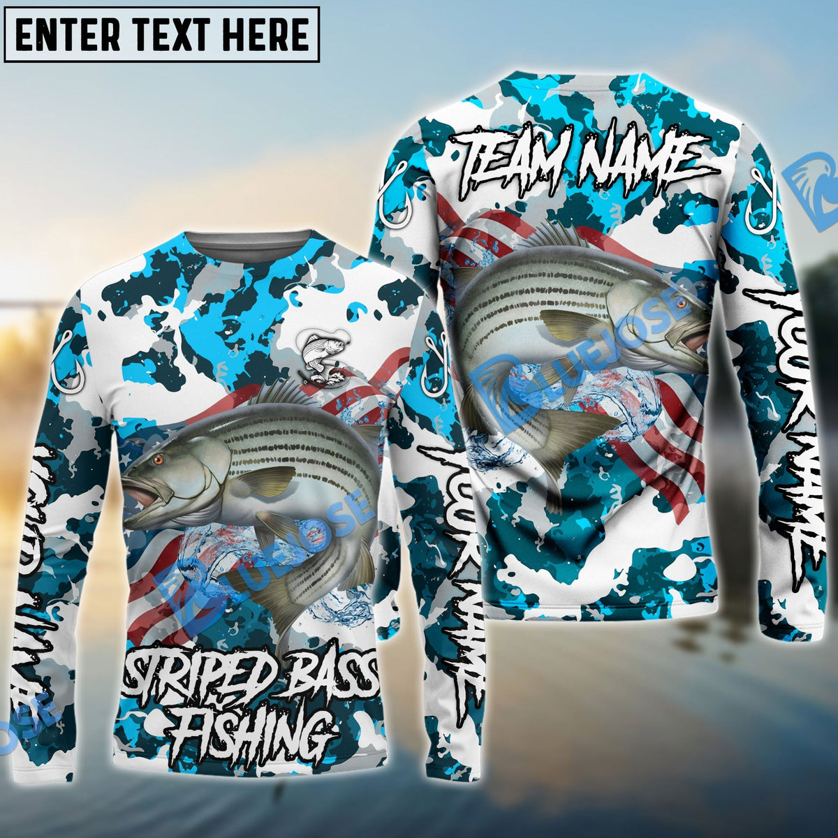 BlueJose Striped Bass Fishing American Flag Light Blue Camo Custom Name & Team Name 3D Shirts