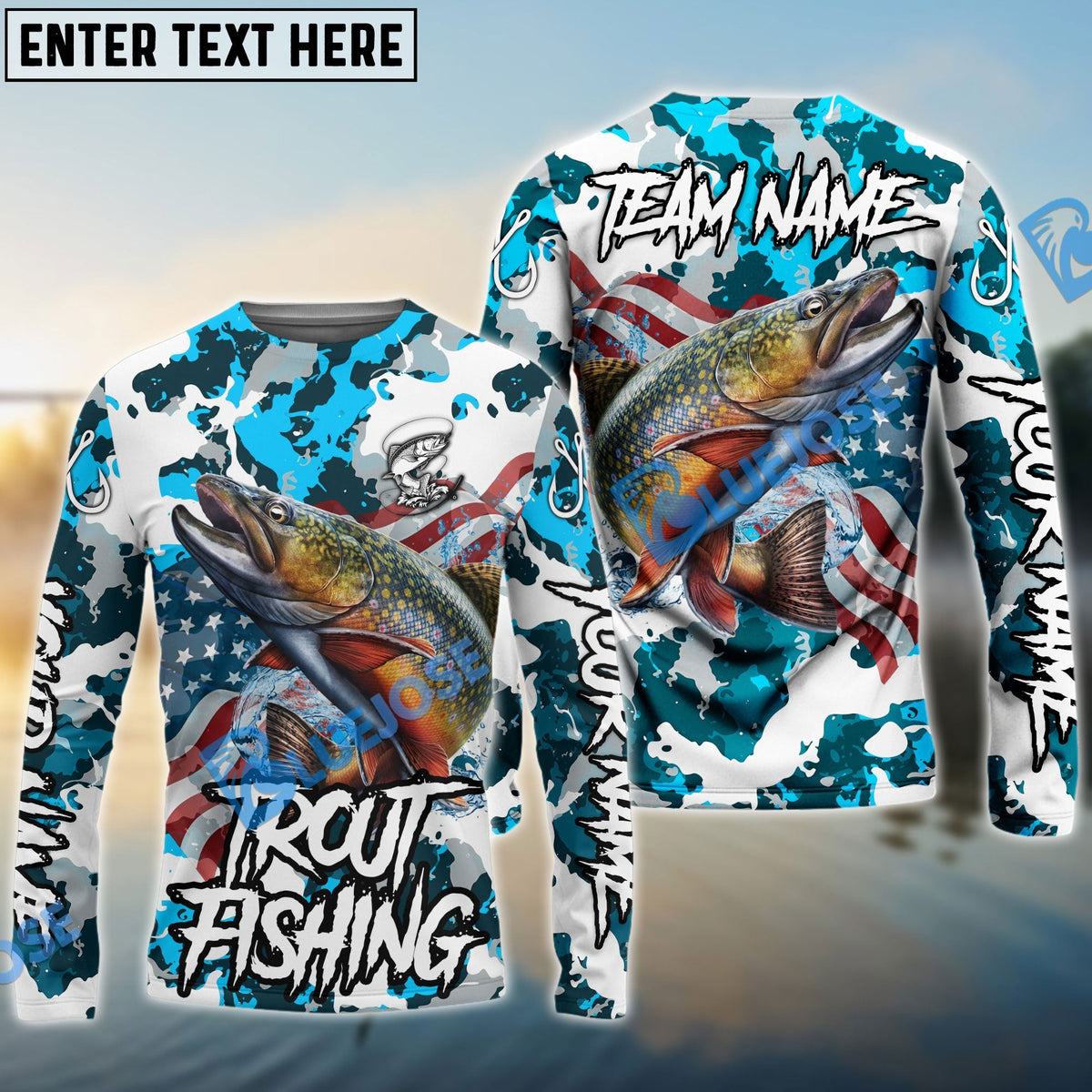 BlueJose Trout Fishing American Flag Light Blue Camo Custom Name & Team Name 3D Shirts