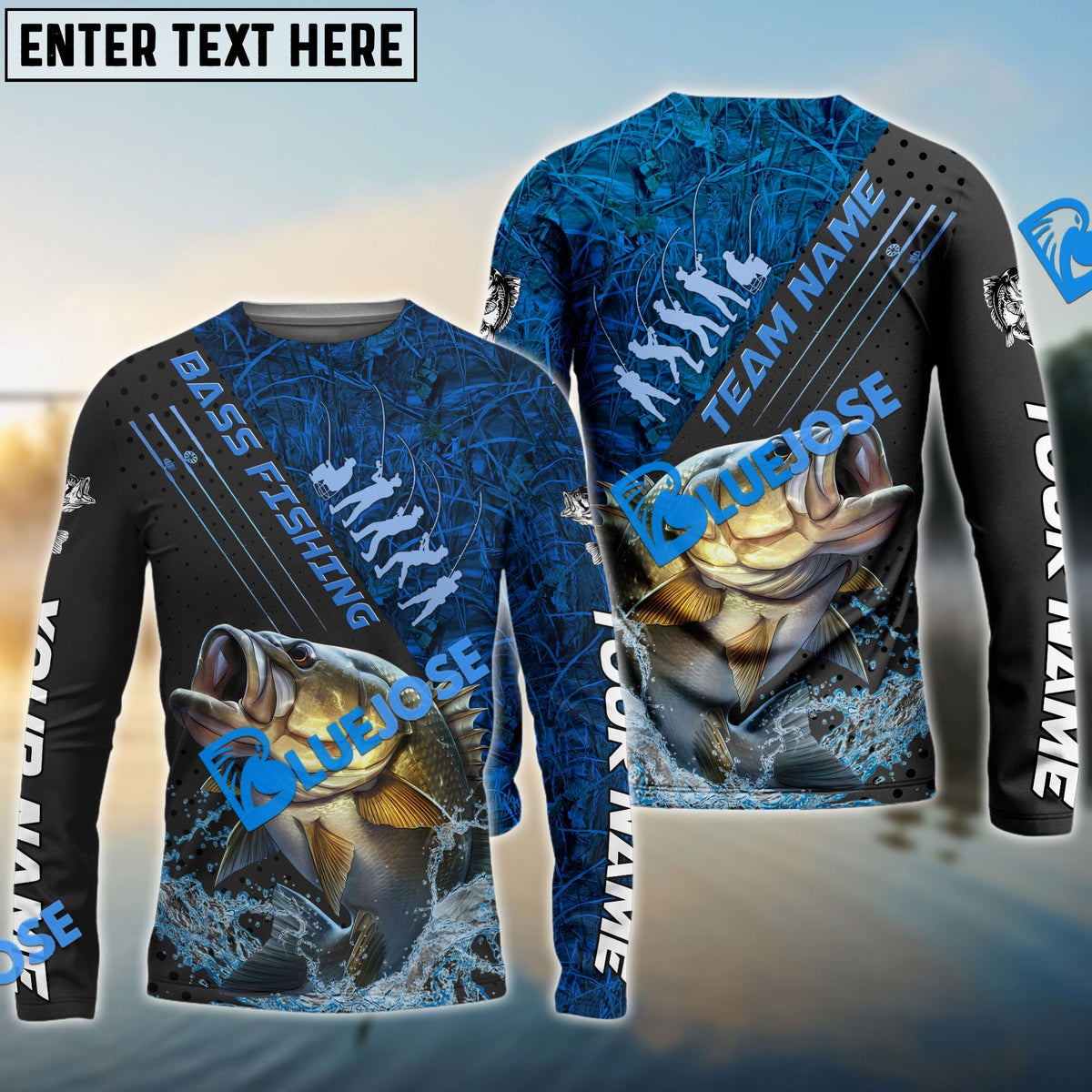 BlueJose Bass Fishing Blue Camo Sport Rod Custom Name & Team Name 3D Shirts