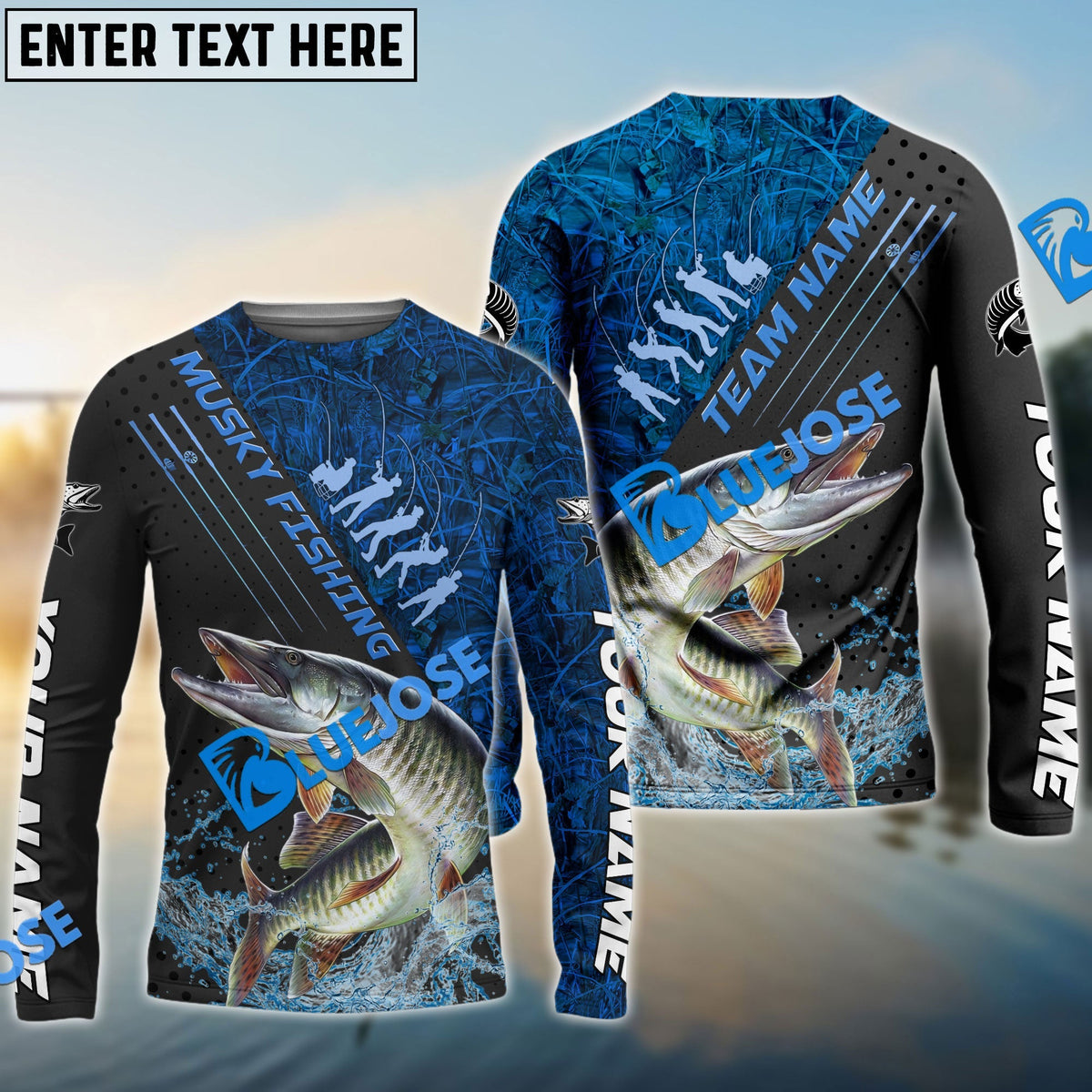 BlueJose Musky Fishing Blue Camo Sport Rod Custom Name & Team Name 3D Shirts