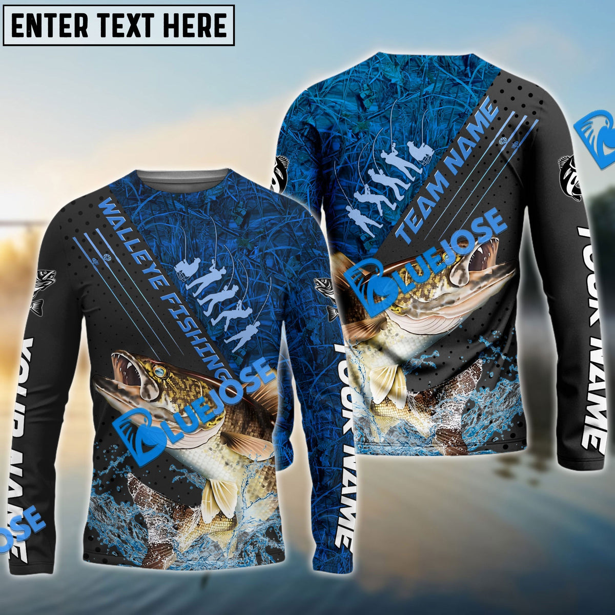BlueJose Walleye Fishing Blue Camo Sport Rod Custom Name & Team Name 3D Shirts