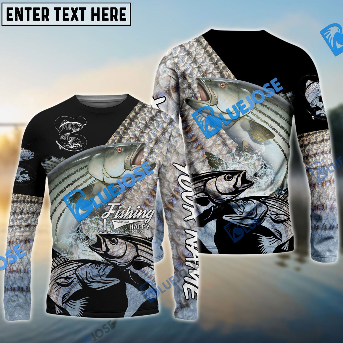 BlueJose Striped Bass Fishing Skin Pattern Performance Fishing Custom Name Long Sleeves