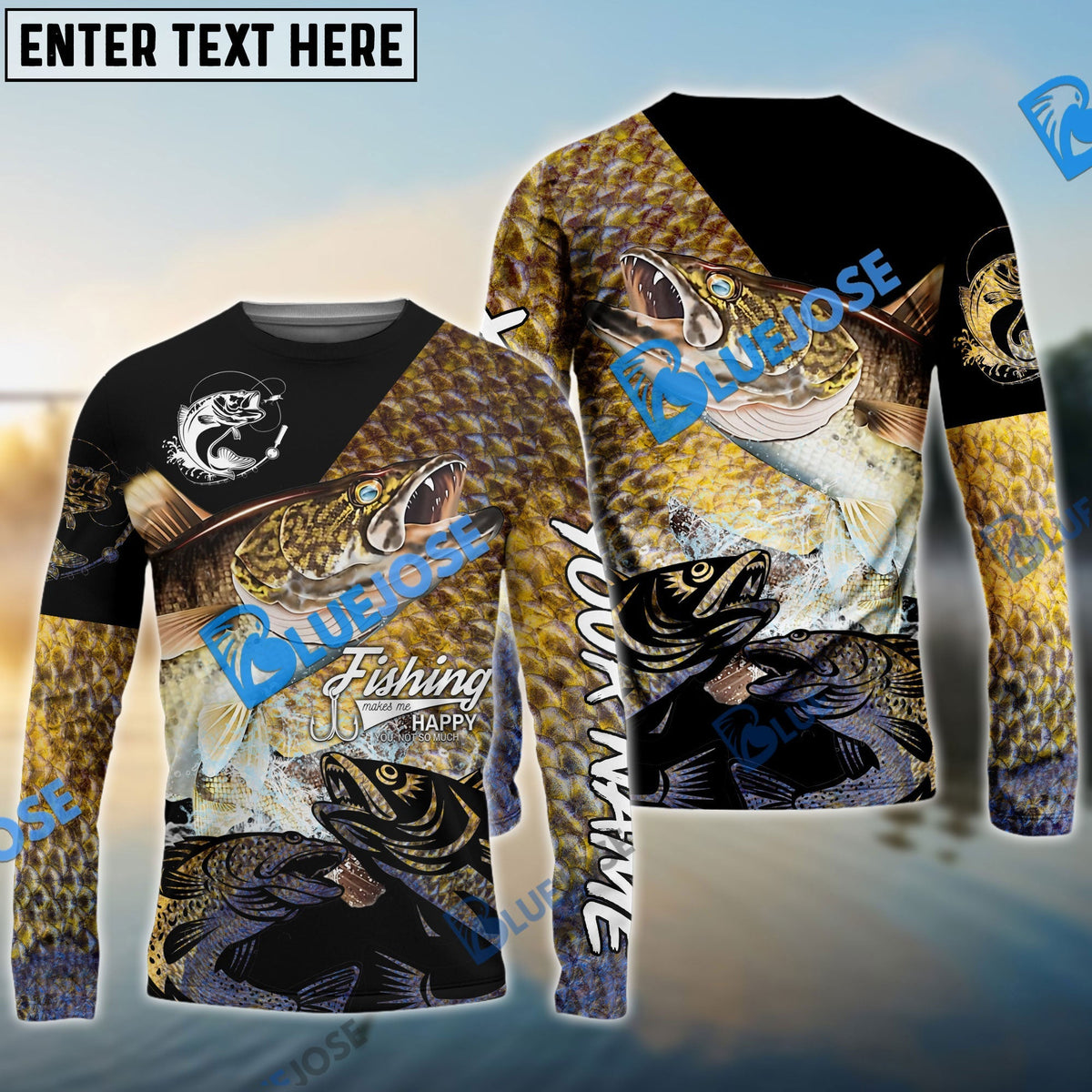 BlueJose Walleye Fishing Skin Pattern Performance Fishing Custom Name Long Sleeves
